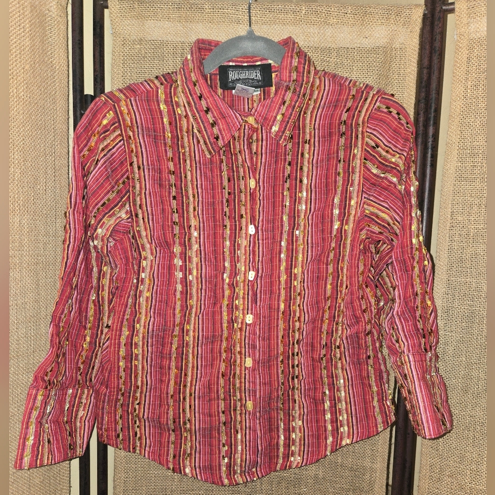Vintage Y2K Maximalist Women's Roughrider By Circle T 3/4 Sleeve Button Up Top - Picture 1 of 10